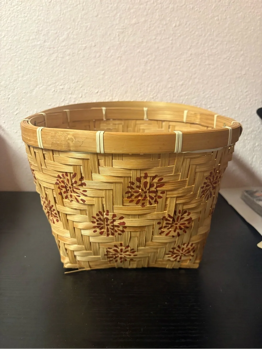 Woven Bamboo Basket Red Floral Handle Cottagecore Farmhouse Decor